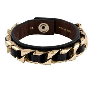 Givenchy Gold Tone Chain Link Black Leather Wrap Snap‎ Bracelet Sz M Italy